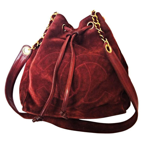Vintage CHANEL wine red suede leather classic hobo bucket