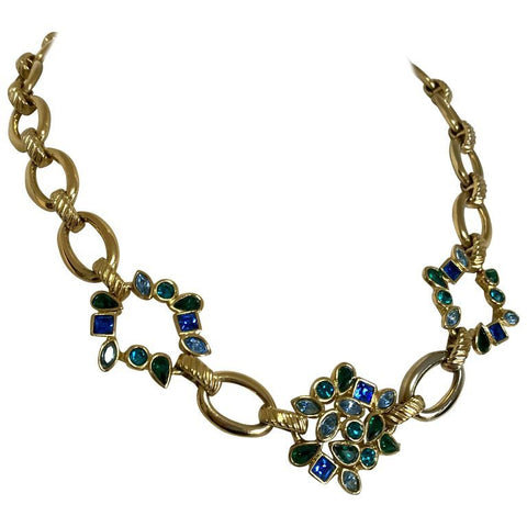 Vintage Yves Saint Laurent, YSL golden chain necklace with blue and green stones.