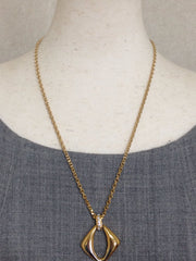 Vintage Yves Saint Laurent, YSL golden chain necklace with outlined square, diamond shape pendant top with crystal stones. Perfect gift