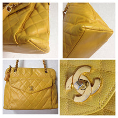 Vintage Chanel yellow caviar leather chain shoulder bag with golden CC closure. Lucky and good fortune color for you