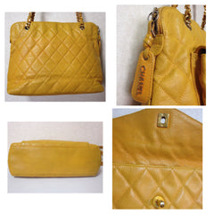 Vintage Chanel yellow caviar leather chain shoulder bag with golden CC closure. Lucky and good fortune color for you