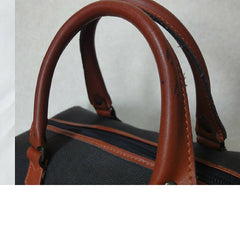 Vintage Yves Saint Laurent charcoal grey canvas and brown leather travel bag, daily use duffle purse. Classic unisex style YSL purse