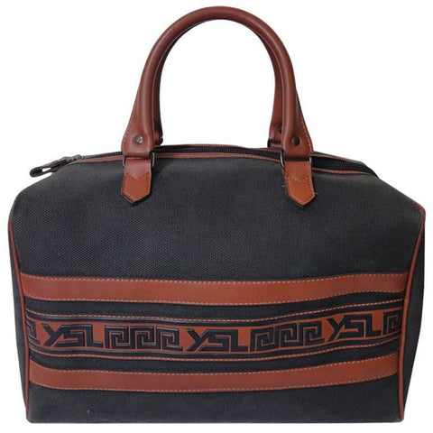 Vintage Yves Saint Laurent charcoal grey canvas and brown leather travel bag, daily use duffle purse. Classic unisex style YSL purse