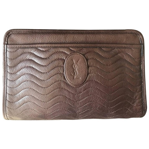 Vintage Yves Saint Laurent genuine dark brown leather mini document bag, clutch purse with wave stitch and embossed logo. Unisex YSL purse.