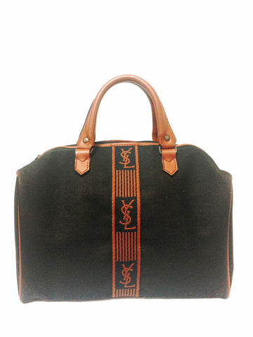 Vintage Yves Saint Laurent black canvas duffle handbag, mini travel bag with brown trimmings and YSL logo. Unisex purse for daily use.