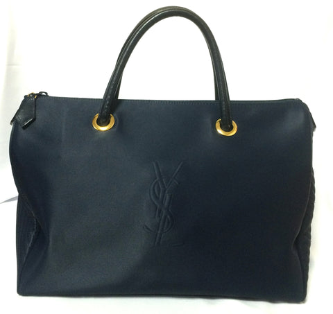MINT. Vintage Yves Saint Laurent navy nylon daily use duffle bag with YSL logo stitch at front. Classic unisex style YSL purse