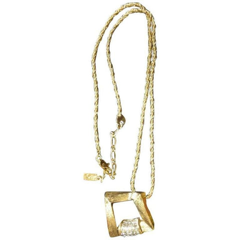 MINT. Vintage Yves Saint Laurent, YSL skinny chain necklace with outlined square pendant top with crystal stones.